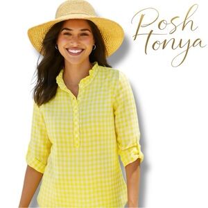 Talbots Yellow Gingham Ruffle Neck Popover Top Roll Tab Sleeves Size XS Coastal